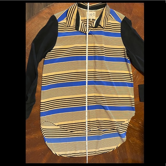 Sea NY Blue, Tan, Black Striped Silk Button Up Long Sleeve Top Shirt Blouse - Picture 10 of 10